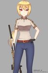  america aor1_(camo) belt blonde_hair breasts camouflage denim gloves gun highres jeans large_breasts long_hair mikhail_n military military_uniform original pants ponytail red_eyes rifle sniper sniper_rifle solo uniform us_navy weapon 