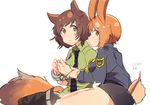  akiyama_yukari animal_ears blush brown_eyes brown_hair cosplay cuffs girls_und_panzer handcuffs judy_hopps judy_hopps_(cosplay) messy_hair multiple_girls necktie nick_wilde nick_wilde_(cosplay) nishizumi_miho police police_uniform raki_(kuroe) short_hair tail uniform white_background yuri zootopia 