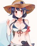  adapted_costume alternate_costume bikini breasts chestnut_mouth cleavage hair_flaps hair_ornament hat itomugi-kun kantai_collection large_breasts low_twintails machinery open_mouth purple_hair red_eyes sarong solo sun_hat swimsuit taigei_(kantai_collection) twintails whale whale_hair_ornament 