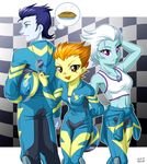  1boy 2girls bodysuit dog_tags fleetfoot helmet multiple_girls my_little_pony my_little_pony_equestria_girls my_little_pony_friendship_is_magic personification pie soarin spitfire_(my_little_pony) sports_bra sunglasses tagme uotapo 