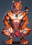  2016 abs anthro balls barbed_penis black_fur crouching erection feline fur glans glossy_glans hybrid_penis jewelry knot male mammal navel necklace nipples nude orange_fur penis pink_nipples pink_nose pink_penis simple_background solo stripes tiger valderic_blackstag white_fur yellow_eyes 