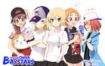  5girls :o assam baseball_cap black_skirt blonde_hair blue_eyes blush braid brown_eyes brown_hair crossed_arms darjeeling db._starman flying_sweatdrops girls_und_panzer hat long_braid long_hair mascot military_jacket multiple_girls nippon_professional_baseball orange_pekoe pink_hair pleated_skirt raki_(kuroe) rosehip rukuriri shirt short_hair single_braid sketch skirt smile stuffed_animal stuffed_toy sweatdrop t-shirt twitter_username white_shirt yokohama_dena_baystars 