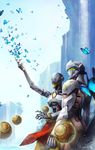  arm_up armor baggy_pants blue_sky bodysuit bug butterfly canyon commentary cowboy_shot cyborg day genji_(overwatch) headband helmet humanoid_robot insect loincloth mask monk multiple_boys omnic orb outstretched_arm overwatch pants pelvic_curtain power_armor robot rope sky sphere sun_stark veil zenyatta_(overwatch) 