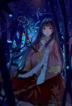  absurdres bamboo bamboo_forest black_hair blurry bow branch brown_eyes commentary depth_of_field forest highres hime_cut houraisan_kaguya japanese_clothes jeweled_branch_of_hourai long_hair nature night qin_xin solo touhou wide_sleeves 