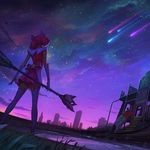  alternate_costume commentary league_of_legends luxanna_crownguard magical_girl night night_sky official_art playground scenery shooting_star sky skyline star_guardian_lux teaser thighhighs wand zettai_ryouiki 