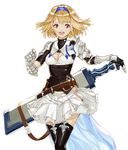  :d alternate_costume armor belt blonde_hair boots breasts brown_eyes cleavage djeeta_(granblue_fantasy) frilled_skirt frills gauntlets gloves granblue_fantasy granblue_fantasy_project_re:link hairband highres looking_at_viewer luicent medium_breasts open_mouth round_teeth sheath sheathed short_hair simple_background skirt smile solo sword teeth thigh_boots thighhighs weapon white_background 