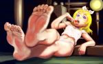  1girl bangs barefoot blonde_hair blue_eyes bow commentary_request feet full_body hair_between_eyes hair_bow hair_ornament hairclip highres kagamine_rin open_mouth panties shirt short_hair soles solo soon stomach strap_slip tank_top teeth toes tongue tongue_out underwear vocaloid white_bow white_panties white_shirt 