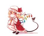  blonde_hair blush bobby_socks brown_footwear closed_mouth flandre_scarlet frilled_skirt frills hat hat_ribbon laevatein_(tail) looking_at_viewer mob_cap puffy_short_sleeves puffy_sleeves red_eyes red_ribbon red_skirt ribbon shan shoes short_sleeves simple_background skirt smile socks solo squatting tail touhou vest white_background white_legwear wings wrist_cuffs 