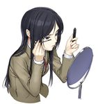  applying_makeup bad_id bad_pixiv_id black_eyes black_hair blazer blush breasts cropped_torso eyelashes highres holding jacket kurihara_mari_(prison_school) long_hair long_sleeves makeup mascara mascara_wand medium_breasts miniskirt mirror nakabayashi_reimei neck_ribbon pleated_skirt prison_school red_ribbon ribbon school_uniform shirt simple_background skirt solo upper_body white_background white_shirt 