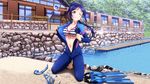  bikini_top blue_hair blush bodysuit breasts cleavage long_hair love_live!_school_idol_project love_live!_sunshine!! matsuura_kanan murota_yuuhei open_shirt purple_eyes water 