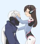  1boy 1girl age_difference bodysuit brown_hair covered_mouth d.va_(overwatch) gloves grey_hair headband headphones jacket loli long_hair mask overwatch ribbed_bodysuit soldier:_76_(overwatch) twx62 visor whisker_markings 