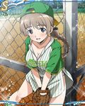  baseball_cap baseball_mitt baseball_uniform blue_eyes blush braid breasts brown_hair card_(medium) chain-link_fence cleavage fence hair_ribbon hat large_breasts long_hair lynette_bishop official_art panties ponytail ribbon rust solo sportswear strike_witches underwear white_panties world_witches_series 