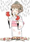  alternate_costume apple apple_core biting brown_hair candy_apple closed_eyes commentary_request dual_wielding eating food food_on_face fruit gomennasai headgear headset holding holding_food japanese_clothes kantai_collection kimono long_sleeves obi open_mouth sash short_hair solo speaking_tube_headset translated white_kimono wide_sleeves yukata yukikaze_(kantai_collection) 