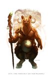  4_fingers anthro armor bear brown_fur brown_nose caprine clothed clothing curved_horn fur goat hooves horn hybrid malakhael male mammal smile solo staff standing topless 