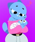  &lt;3 anthro baby belt blue_fur cartoon_network cat clothed clothing eye_contact feline female flutteringpie fur gumball_watterson looking_down looking_up love mammal mature_female mother nicole_watterson pants parent purple_background simple_background the_amazing_world_of_gumball wide_hips young 