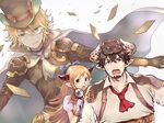  2boys barowa beard blonde_hair brown_eyes brown_hair card chat_noir_(granblue_fantasy) cravat draph facial_hair glasses gloves granblue_fantasy horns magnifying_glass monocle multiple_boys pointy_ears sarya_(granblue_fantasy) tororo_(toroyakko) 