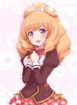  aikatsu! aikatsu!_(series) bow brown_hair himesato_maria long_hair purple_eyes quro_(black_river) skirt smile solo 