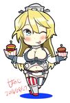  2016 blonde_hair blue_eyes blush breasts chibi cleavage dated elbow_gloves fingerless_gloves food front-tie_top gloves hamburger iowa_(kantai_collection) kantai_collection large_breasts long_hair shima_noji_(dash_plus) solo standing star star-shaped_pupils striped striped_legwear symbol-shaped_pupils thighhighs tongue tongue_out vertical-striped_legwear vertical_stripes 