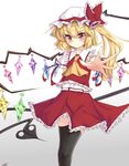  &gt;:) ascot black_legwear blonde_hair blush bow closed_mouth commentary_request cowboy_shot crystal fang flandre_scarlet foreshortening frilled_shirt_collar frilled_skirt frills hat hat_bow laevatein looking_at_viewer meuneyu mob_cap puffy_short_sleeves puffy_sleeves red_bow red_shirt red_skirt shirt short_sleeves side_ponytail signature skirt skirt_set smile solo thighhighs touhou v-shaped_eyebrows white_background wings yellow_eyes 