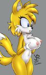  big_breasts blue_eyes breasts clitoris clothing crossgender fur gloves holding_breast jollysaunter lipstick miles_prower nipples nude pussy sonic_(series) sonic_the_hedgehog suprised_face video_games yellow_fur 