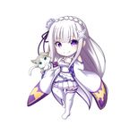  animal cat chibi emilia_(re:zero) flower hair_flower hair_ornament highres kuena long_hair looking_at_viewer pointy_ears puck_(re:zero) purple_eyes re:zero_kara_hajimeru_isekai_seikatsu silver_hair simple_background thighhighs white_legwear 