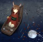  alcohol animal_ears blush boat brown_eyes brown_hair bunny_ears candy cup food from_above full_moon japanese_clothes kimono leaf light_smile long_hair looking_at_viewer looking_up maple_leaf moon night obi original reflection ripples sack sakazuki sake sash seiza sitting solo tamanoti tokkuri water watercraft 