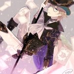  adjusting_clothes adjusting_hat artist_name blonde_hair blue_eyes cane cape card chat_noir_(granblue_fantasy) cravat granblue_fantasy hat highres jewelry looking_at_viewer male_focus monocle nisei_(tanny) single_earring smile solo 