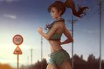  artist_name bare_arms bare_shoulders blue_sky brown_eyes brown_hair closed_mouth cowboy_shot earphones forest from_side green_shorts hair_tie long_hair magion02 morning nature original outdoors ponytail power_lines profile red_lips road_sign running shorts sign sky sleeveless solo sportswear sunlight sunrise tank_top telephone_pole towel towel_around_neck 