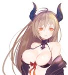  antenna_hair areola_slip areolae bangs bare_shoulders bikini black_bikini black_hair bow breasts cleavage closed_mouth draph eyebrows eyebrows_visible_through_hair forte_(shingeki_no_bahamut) frown granblue_fantasy hair_between_eyes halterneck horns koza_game large_breasts long_hair orange_eyes red_bow shingeki_no_bahamut simple_background solo swimsuit upper_body white_background 