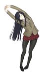 arms_up bad_id bad_pixiv_id black_eyes black_footwear black_hair black_legwear blazer buttons full_body highres jacket kurihara_mari_(prison_school) leaning_to_the_side loafers long_hair long_sleeves looking_at_viewer miniskirt nakabayashi_reimei neck_ribbon one_eye_closed own_hands_together pantyhose pigeon-toed plaid plaid_skirt pleated_skirt pocket prison_school red_ribbon red_skirt ribbon school_uniform shirt shoes simple_background skirt solo standing stretch white_background white_shirt 