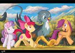  apple_bloom_(mlp) avian beak black_bars blue_eyes cutie_mark cutie_mark_crusaders_(mlp) day detailed_background earth_pony equine eyelashes feathered_wings feathers female friendship_is_magic fur gabby_(mlp) green_eyes grey_feathers gryphon hair hooves horn horse jowybean mammal my_little_pony nude open_mouth orange_feathers orange_fur outside pegasus pink_hair pony purple_eyes purple_hair red_hair scootaloo_(mlp) sky sweetie_belle_(mlp) tongue unicorn wings yellow_fur 