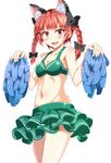  alternate_costume animal_ears armpits bangs bikini_skirt bikini_top blunt_bangs blush bow bra braid breasts cat_ears cheerleader cleavage commentary_request cowboy_shot e.o. extra_ears green_bikini_top green_skirt hair_bow hair_ornament highres kaenbyou_rin long_hair looking_at_viewer microskirt midriff navel open_mouth pom_poms red_eyes red_hair simple_background skirt small_breasts smile solo stomach touhou twin_braids underwear white_background 