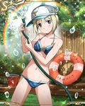  ass_visible_through_thighs bikini blonde_hair blue_eyes blush breasts bucket bush camouflage camouflage_bikini card_(medium) cleavage erica_hartmann grass hose innertube leaf lifebuoy navel o-ring o-ring_bottom o-ring_top official_art rainbow short_hair small_breasts smile solo strike_witches swimsuit tree water wet wood world_witches_series 