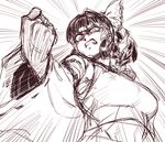  angry black_hair bow breasts clenched_hand clenched_teeth detached_sleeves emphasis_lines foreshortening from_below hair_bow hair_tubes hakurei_reimu japanese_clothes large_breasts miko monochrome scowl shaded_face sketch solo space_jin teeth touhou 