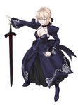  artoria_pendragon_(all) bad_id bad_pixiv_id blonde_hair breasts choker cleavage commentary_request dark_excalibur dress fate/grand_order fate/stay_night fate_(series) full_body highres long_dress pale_skin planted_sword planted_weapon saber_alter short_hair shukuzaki small_breasts solo sword weapon wide_sleeves yellow_eyes 