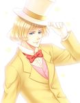  blonde_hair blue_eyes bow bowtie formal gloves hat howl_no_ugoku_shiro male_focus matsukaze_(chen7yue) prince_justin simple_background solo sparkle suit upper_body white_background 
