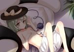  :o absurdres anhao armchair bad_id bad_pixiv_id barefoot bloomers breasts chair covering covering_breasts eyeball eyebrows eyebrows_visible_through_hair green_eyes green_hair hand_on_breast hand_on_own_chest hand_up hat hat_ribbon highres ke-ta_(style) knees_up komeiji_koishi looking_at_viewer lying on_back open_mouth partially_undressed pillow plant ribbon short_hair small_breasts solo string third_eye topless touhou underwear underwear_only white_bloomers 