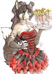  2014 5_fingers alcohol anthro beverage black_fur black_hair black_nose breasts canine chest_tuft clothed clothing cocktail colored_pencil_(artwork) dipstick_tail dress female fingerless_(marking) fluffy fluffy_tail food fox front_view fruit fur glass gloves_(marking) green_eyes grey_fur hair licking licking_lips lime long_hair looking_at_viewer mammal markings multicolored_fur multicolored_tail neko-maya pink_tongue plate portrait signature simple_background solo standing three-quarter_portrait tongue tongue_out traditional_media_(artwork) tuft two_tone_tail waiter white_background white_fur 