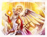  armor artist_name black_gloves blonde_hair blue_eyes bodysuit breastplate breasts cowboy_shot faulds gloves glowing glowing_wings hand_up headgear high_collar holding holding_staff lips loincloth long_hair long_sleeves mechanical_halo mechanical_wings medium_breasts mercy_(overwatch) overwatch pantyhose parted_lips pelvic_curtain ponytail skin_tight solo staff swiss_flag traditional_media turtleneck watercolor_(medium) weapon wings yana_bogatch yellow_wings 