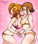  arm_around_waist ass bow bra breasts brown_hair chin_grab cleavage dated green_eyes hair_bow high_ponytail kira_tsubasa kiss kousaka_honoka long_hair love_live! love_live!_school_idol_project medium_breasts mina_cream multiple_girls nipple_slip nipples orange_hair panties puffy_nipples purple_eyes shelf_bra short_hair underwear underwear_only yellow_bow yuri 