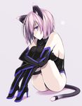  animal_ears bangs bare_shoulders black_footwear black_gloves black_hair black_legwear black_leotard boots breast_press breasts cat_ears cat_tail closed_mouth elbow_gloves fate/grand_order fate_(series) from_side full_body gloves grey_background hair_between_eyes halterneck head_tilt high_heel_boots high_heels kemonomimi_mode large_breasts lavender_hair leg_hug legs_together leotard looking_at_viewer mash_kyrielight oota_yuuichi pale_skin paw_print profile purple_eyes shadow short_hair simple_background sitting solo tail thigh_boots thigh_strap thighhighs turtleneck 