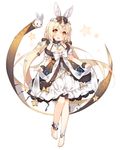  animal_ears anklet bare_shoulders barefoot blonde_hair bunny_ears dress full_body jewelry long_hair official_art sangai_senki saru shan_hai_zhan_ji simple_background solo twintails yellow_eyes 