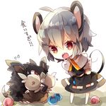  alolan_form alolan_raticate angry animal_ears black_dress capelet chibi commentary_request crossover dress flying_sweatdrops food fruit full_body grey_hair highres leaning_forward long_sleeves looking_at_another mega_pokemon mouse_ears mouse_girl mouse_tail nazrin nikorashi-ka open_mouth peach pokemon pokemon_(creature) raticate red_eyes short_hair tail touhou trait_connection translation_request 