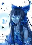  2016 alternate_color bare_shoulders bing_qiong black_hair blue blue_ribbon bow bubble bug butterfly collarbone dated detached_sleeves eyebrows eyebrows_visible_through_hair glowing glowing_eyes hair_bow hair_tubes hakurei_reimu insect long_hair long_sleeves looking_at_viewer monochrome monochrome_background navel parted_lips player_2 ribbon shirt sidelocks solo touhou upper_body very_long_hair white_sleeves 