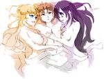  2girls afterglow blonde_hair blue_eyes blush breasts brown_eyes brown_hair girl_sandwich hand_on_another's_chest heavy_breathing hetero ikezawa_hanako katawa_shoujo large_breasts long_hair lying medium_breasts multiple_girls nakai_hisao nipples nude on_back on_bed on_side open_mouth purple_eyes purple_hair rtil sandwiched satou_lilly scar sketch smile sweat under_covers 