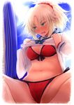  bikini blonde_hair breasts cleavage dress fate/apocrypha fate/grand_order fate_(series) green_eyes large_breasts midriff mordred_(fate)_(all) mordred_(swimsuit_rider)_(fate) navel ponytail red_bikini sailor_dress shirt_lift solo spread_legs surfboard sweat swimsuit yude 