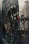  banister commentary_request demizu_posuka dragon fog hands_in_pockets highres hood hoodie lantern muted_color original rain stairs 