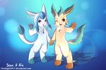  &lt;3 2016 anthro blush cute eeveelution fur glaceon hand_holding jewelry leafeon necklace nintendo paws pok&eacute;mon pussy senz smile standing tongue video_games waving 