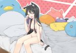  animal_ears bed black_hair breasts brown_eyes cat_ears convenient_censoring drooling fhang hair_censor hair_over_breasts highres long_hair medium_breasts navel nude one_eye_closed open_mouth original rubbing_eyes saliva sitting sleepy solo stuffed_toy tail tears yawning 