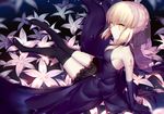  artoria_pendragon_(all) bare_shoulders black_dress black_gloves black_legwear blonde_hair breasts dress elbow_gloves fate/grand_order fate/stay_night fate_(series) flower gloves looking_at_viewer medium_breasts saber_alter sitting sleeveless sleeveless_dress solo thighhighs wukloo yellow_eyes 